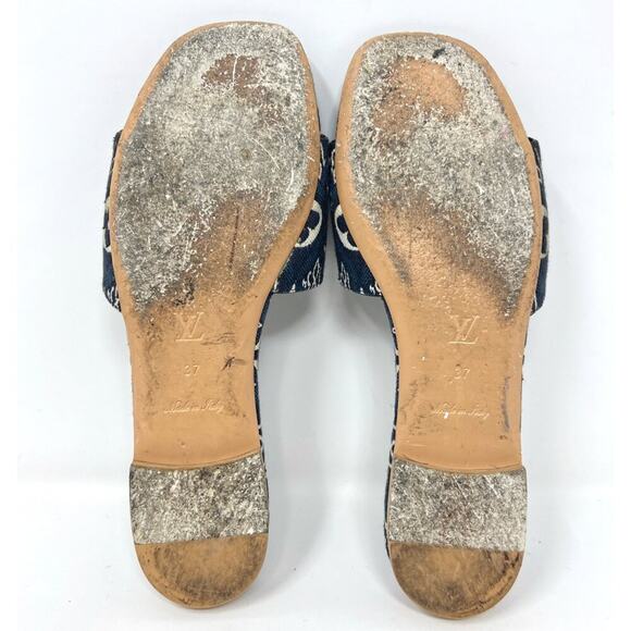 Louis Vuitton Monogram Denim Flat Slide‎ Sandals Blue Logo Print 37 - Picture 7 of 8